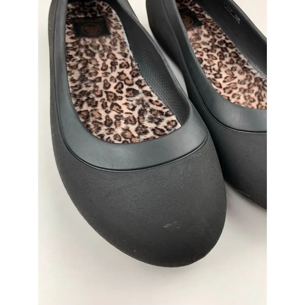 Crocs Mammoth Leopard Lined Ballet Flats Black Slip On Comfort Shoes Women's 9